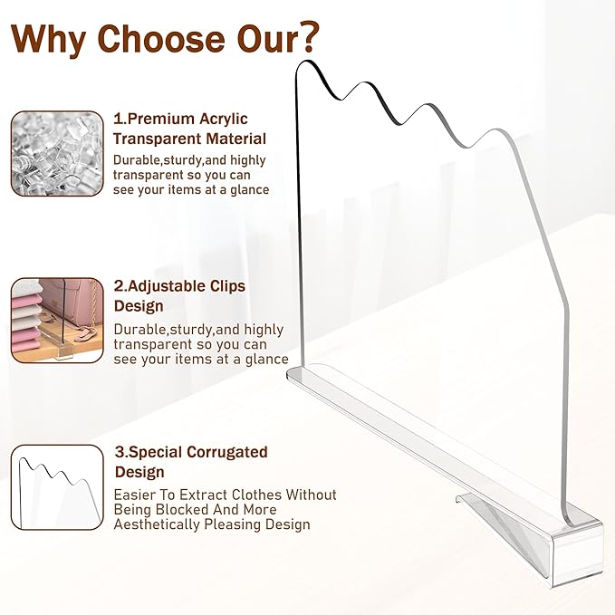 Acrylic Shelf Dividers for Closet Organization - 6 Pack Adjustable Clear Purse Organizer for Closet Handbag, Sweaters, Towels, Clothes Storage with Non-Slip Base