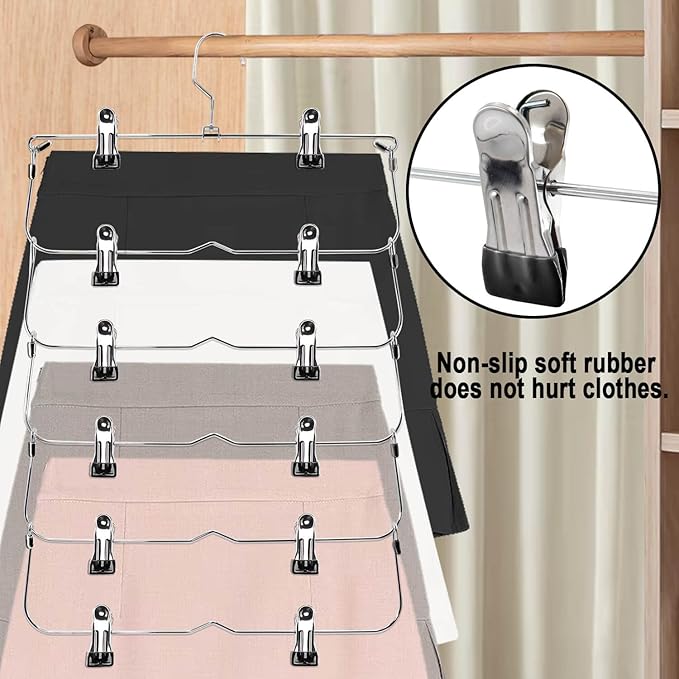 Skirt Pants Hangers with Clips，6Tier Skirt Hangers Space Saving,Metal,Non Slip Closet Organizer and Storage Multi Clothes Shorts Hanger Organization (4, Black)