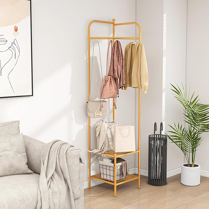 Tangkula Corner Coat Rack with Storage, Simple Hall Tree with Hanging Rod & 2 Mesh Shelves, Anti-toppling Devices, Freestanding Metal Clothes Rack Shoes Shelf Organizer for Entryway Bedroom (Golden)