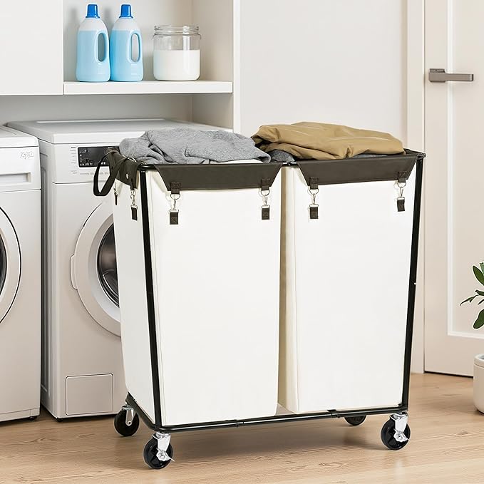 280L Rolling Laundry Basket With Wheels, Large Double Laundry Hamper With Wheels and Removable Bag, Wheeled Dirty Clothes Laundry Basket Organizer For Dorm, Bathroom, Laundry, BK