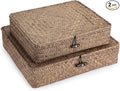 Hipiwe Set of 2 Flat Woven Wicker Storage Bins with Lid Natural Seagrass Basket Multipurpose Home Boxes for Shelf Organizer (Coffee)