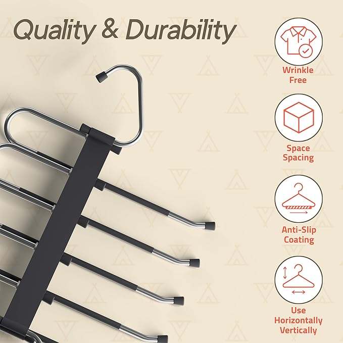 Space Saving Pants Hangers 1 Pack, 6 Layer Jeans Hangers and Closet Organizer for Jeans, Scarves, & Skirts, Multi-Layer Hanger with Anti-Slip Stopper, Heavy-Duty S-Type Stainless Steel, Gray