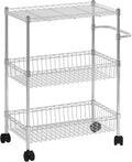 3 Tier Rolling Storage Cart, Adjustable Wire Storage Shelving Unit, Kitchen Cart On Wheels with Basket and Handle, Metal Organizer Wire Rack for Laundry Bathroom Pantry Room, Chrome