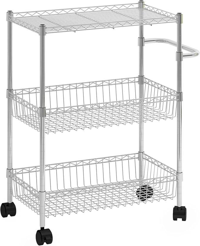 3 Tier Rolling Storage Cart, Adjustable Wire Storage Shelving Unit, Kitchen Cart On Wheels with Basket and Handle, Metal Organizer Wire Rack for Laundry Bathroom Pantry Room, Chrome