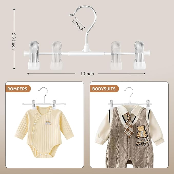 HUADYMEET 30 Pack Baby Pants Skirt Hangers,Non-Slip Space Saving Clothes Hangers with Clips for Kids,Children,Toddler,Jeans Trousers Shorts Metal Hanger for Closet Organization,Women,Men10inch(White)