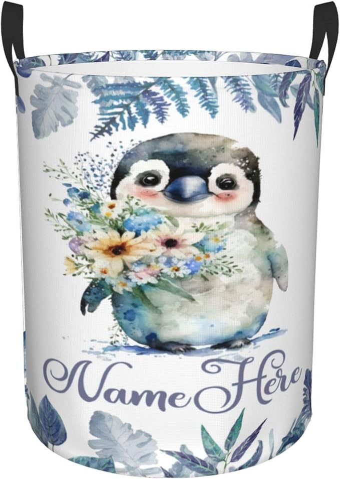 Personalized Penguins Laundry Basket For Baby Kids Boys Girls Adult Custom Hamper Basket With Name For Bathroom Bedrooms Collapsible Baby Laundry Basket, Dirty Clothes Hamper With Handles