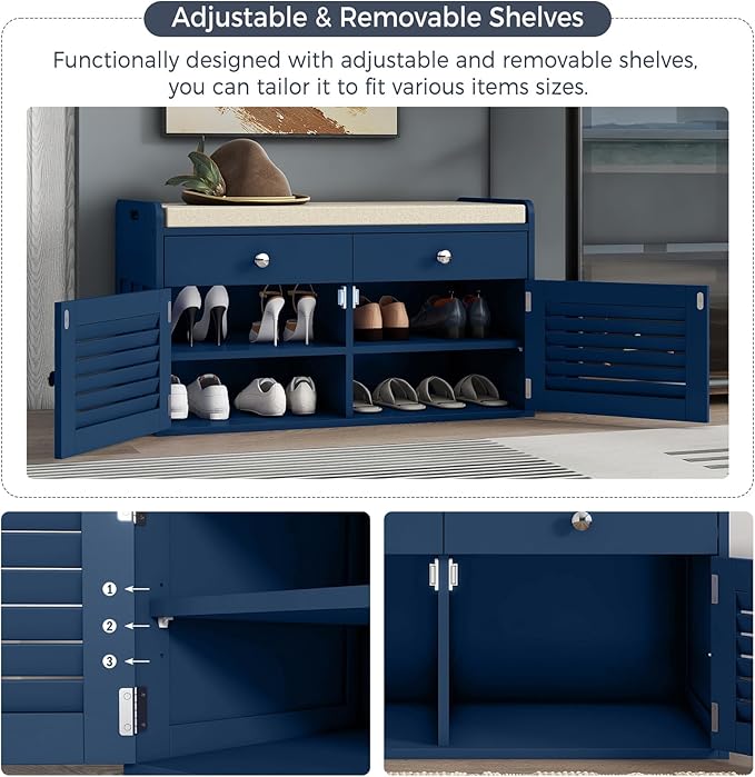 Shoe Storage Bench with Cushion, Shoe Bench, Padded Seat, 2 Drawer Storage, Entryway, Hold up to 300lbs, 15.8 x 32.29 x 18.1 Inches, Blue