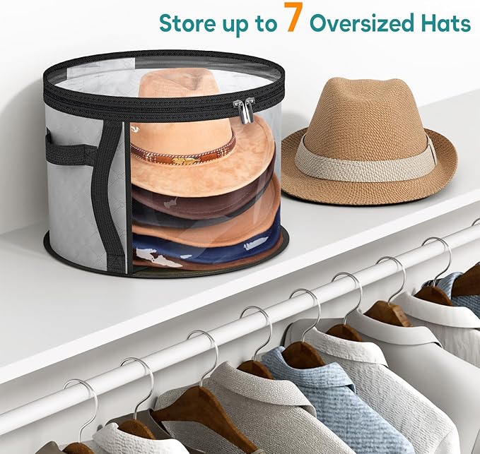 AOODA Oversized Clear Hat Storage Bag, Holds up to 7 Caps Cowboy Hat Organizer for Closet, Wide Brims Hat Case with Carrying Handles (Grey)