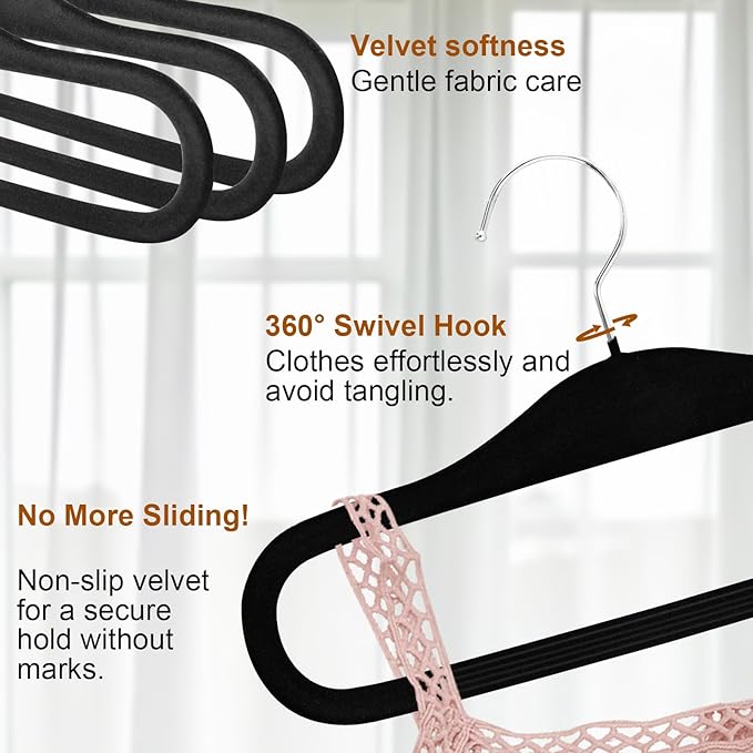 Velvet Hangers Non Slip,20 Pack Pants Hangers for Closet,Heavy Duty Durable Space Saving Clothes Hanger with 360 Degree Hook for Pants Shirts Jeans Bra Dress(Black)