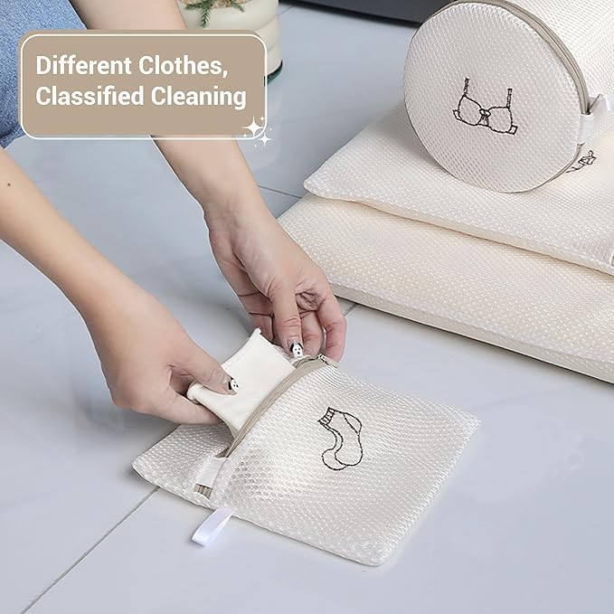 6PCS Logo Category Double Thickened Fine Mesh Laundry Bag Set with Zipper (Hosiery + Shirt + Dress + Jacket + Pants + Bra Bag)