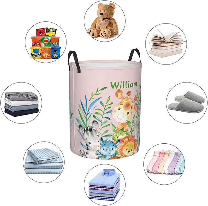 Cute Jungle Animals Customized Laundry Basket with Name Collapsible Waterproof Organizer Bin Laundry Hamper with Handle for Clothes Toys Bedroom.
