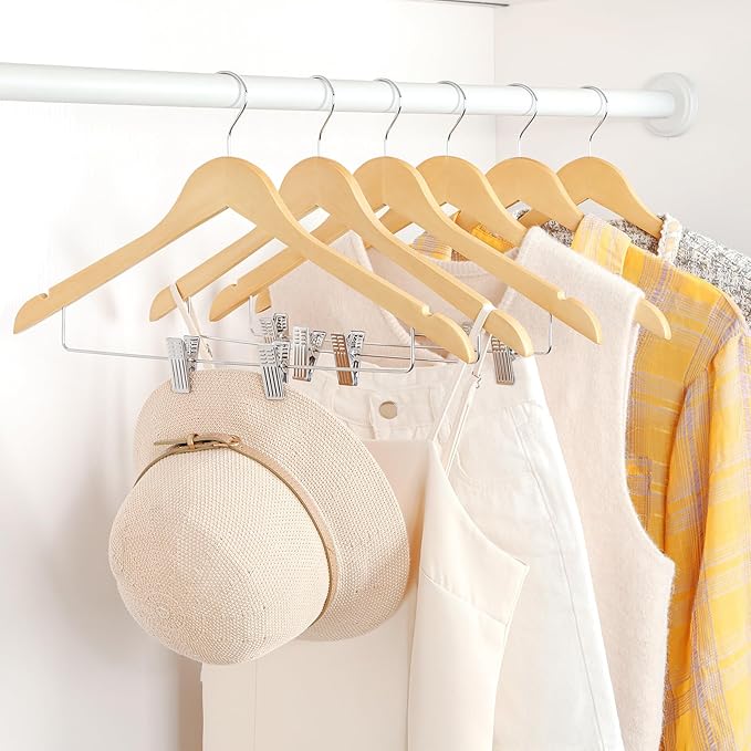 TOPIA HANGER Wooden Hangers with Adjustable Metal Clips and 360° Swivel Hook, Premium Wood Clothes Hangers 10 Pack for Suit, Pant, Skirt, Jeans, Coat, Jacket-CT28N