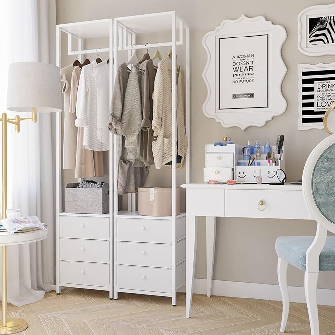 YMYNY Coat Racks, Clothes Rack with Drawers, Freestanding Tall Closet Organizer with 3 Fabric Drawers, Clothes Stand for Hanging Shirts, Coat,15.35" L×11.41" W×70.47" H, White UHGR001W