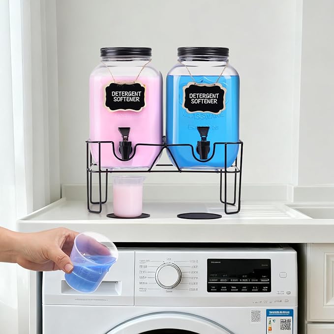 2 Sets 1 Gallon Glass Laundry Detergent Dispenser with Stand, Measuring Cup, Soap Dispenser for Laundry Room, Liquid Laundry Detergent for Liquid Detergent, Fabric Softener