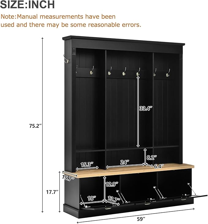 Farmhouse 75" H Hall Tree with 9 Golden Hooks, 3 Large Cabinets, Open Shelves, Roman Column Design Natural Storage Bench, Entryway Organizer with Shelves for Mudroom, Hallway (Black,75)