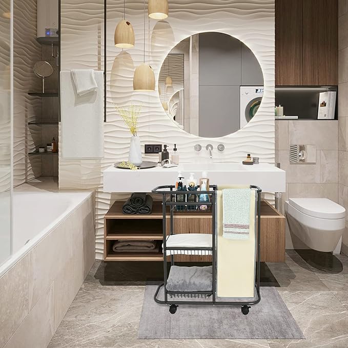 Laundry Sorter Cart Movable Bathroom Organizer Gray Laundry Storage Baskets with Heavy Duty Rolling Wheels 3-Tier Storage Shelves with 1 Bag for Clothes