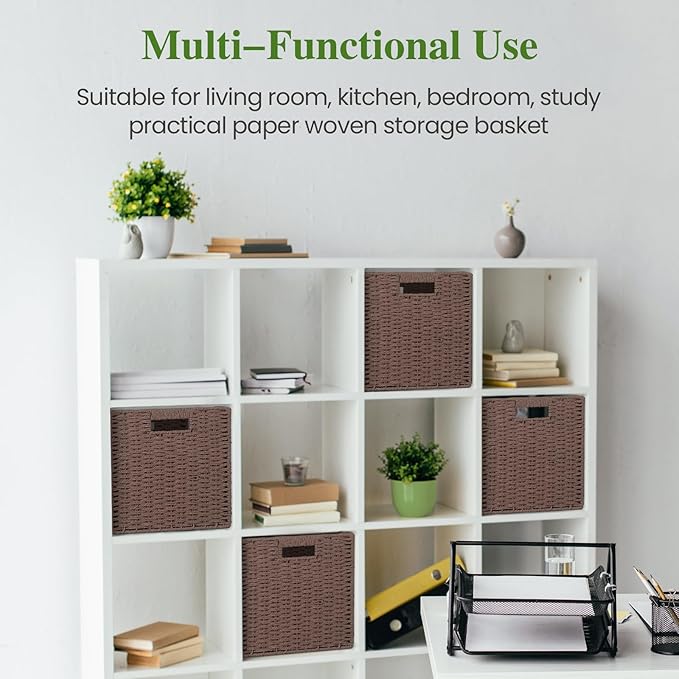 Woven Wicker Storage Baskets 4-Pack, 11x11 Handwoven Paper Rope Organizer Bins, Foldable Cube Storage Cubes with Built-in Handles for Shelves and Closet Organization(Dark Brown）
