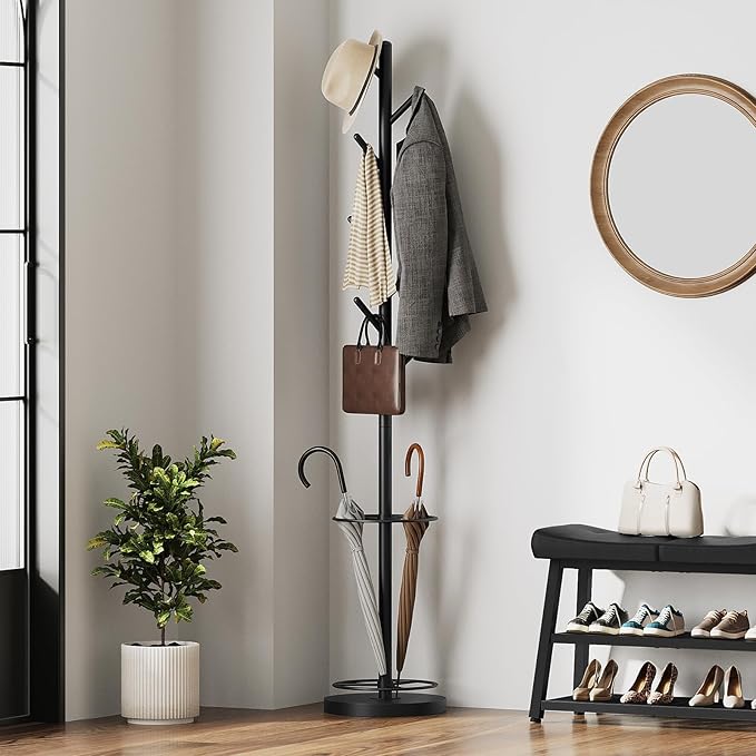 Coat Rack Freestanding, Coat Rack Stand with Umbrella Holder, Heavy Duty Coat Tree for Entryway, Modern Clothing Rack for Hats, Bags, Metal Coat Hanger Stand for Bedroom, Office, Black YM03BB