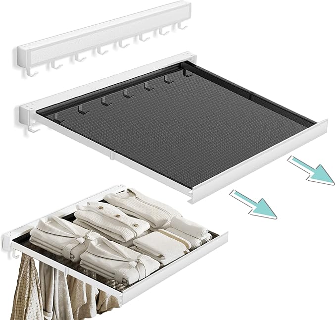 LETINE Wall Mounted Drying Rack: Retractable Indoor Clothes Drying Rack – Aluminum Alloy Frame w/Soft Mesh Surface. Laundry Rack & Temp Shelf for Balcony, Bathroom, Kitchen. (White, M)