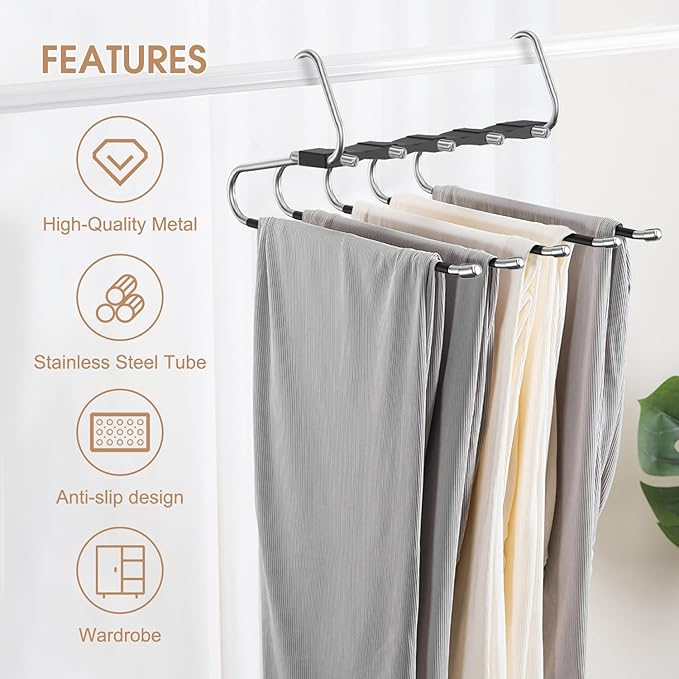 4 Pack Pants Hangers Space Saving, Anti-Slip Multi-Functional Pants Rack, Thickened Stainless Steel Tube, Two Hanging Modes Suitable for Jeans Trousers Skirts Scarf-Black