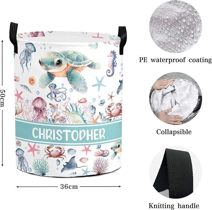 Large Custom Name Laundry Hamper, Turtle Personalized Dirty Clothes Hamper Storage Basket with Name for Bathroom Bedrooms, Customized Name Circular Hamper with Handles for Baby Boys Girls Men Women