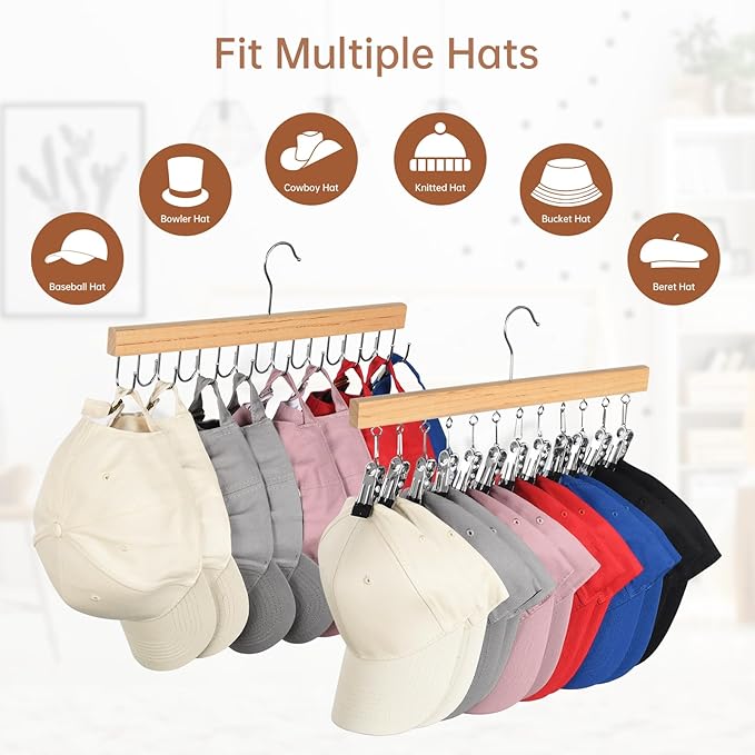 OTraki Hat Hangers for Closet, 2 Pack Wooden Hat Organizer Hanger Rack for Baseball Caps with 10 Clips and 16 Hooks, Baseball Hat Holder for Closet Storage Fits All Caps
