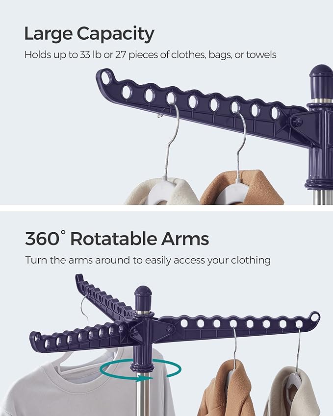 SONGMICS Clothes Drying Rack, 59-Inch Folding Laundry Drying Rack with 3 Rotatable Arms for Hangers, 4 Legs, Stainless Steel, for 27 Pieces of Clothes, Blue and Silver ULLR510Q01