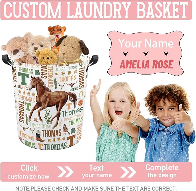 Horse Laundry Basket,Custom Laundry Hamper with Name,Personalized Horse Gifts for Boys Girls,Customize Collapsible Laundry Basket for Bedroom Bathroom,M-19.5"X 15.7"