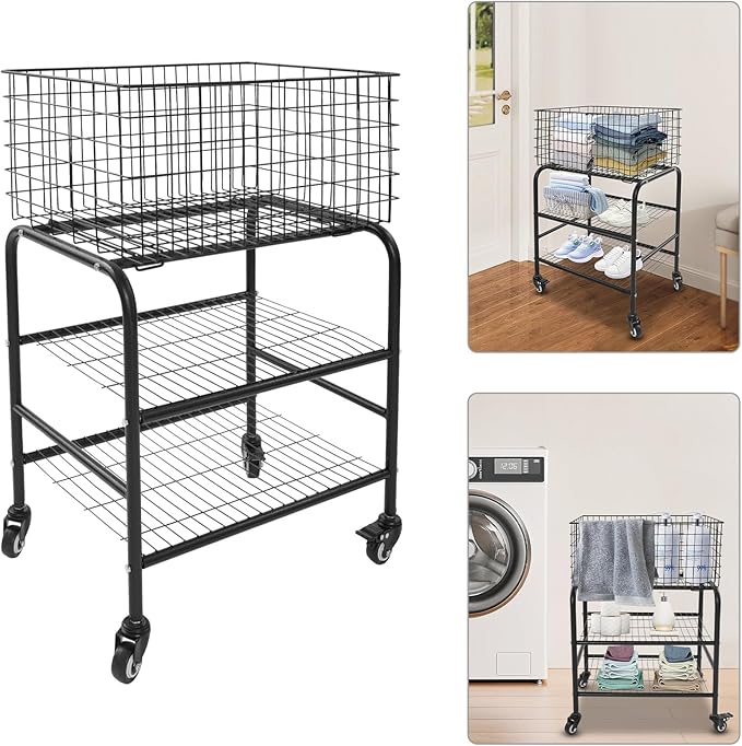 Rolling Laundry Basket on Wheels, 3-Tier Garment Storage Cart, Metal Wire Laundry Hamper Cart for Laundry Room, Bathroom, Bedroom (Black)
