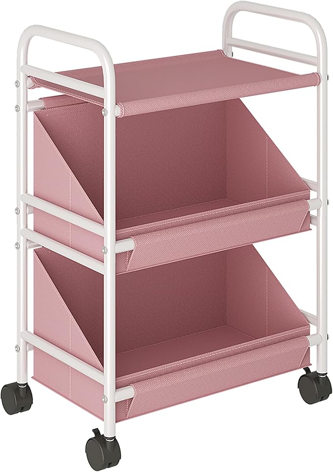 Buzowruil Utility Rolling Fabric Storage Rack Trolley Toy Cart Trolley with 2 Large Storage Boxes,Wheels, Suitable for Bedroom, Living Room, Entryway, Pink