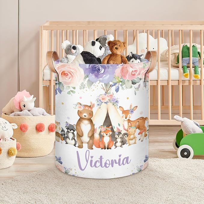 Personalized Laundry Basket, Custom Gift Laundry Hamper, Collapsible Nursery Waterproof Laundry Baskets, Dirty Clothes Toy Hamper with Handles Woodland Animals Blush