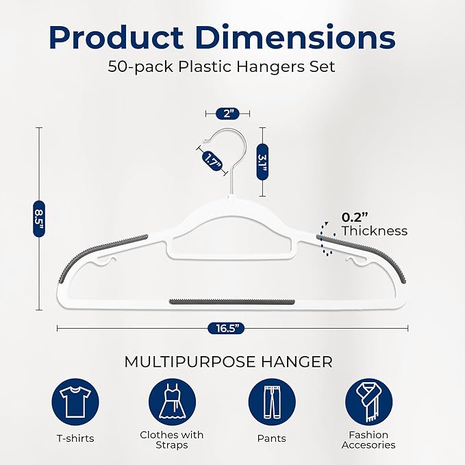 SereneLife Plastic Clothes Hangers, 50-Pack Hanger Set with Non-Slip Rubber Pads and 360° Swivel Metal Hook, Durable White Hangers for Shirts, Pants, Dresses, Space-Saving Closet Organizer