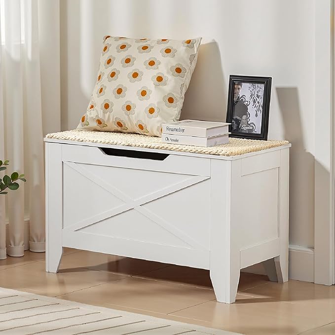 VECELO 30" Storage Bench, Shoe Bench with Handwoven Wicker Cushion, Ottoman Storage Trunk with Safety Hinges, Ideal for Entryway, Bedroom, Living Room, White