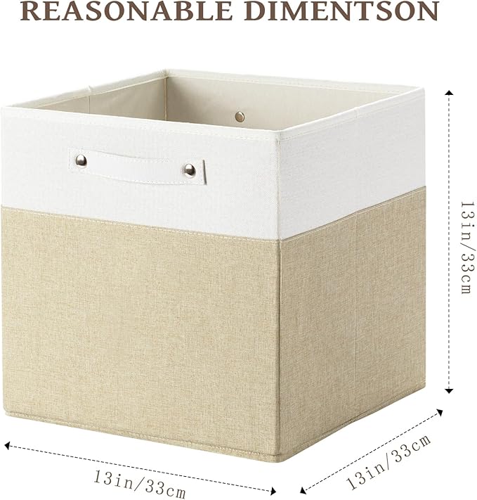 13 x 13 Inch Fine Linen Storage Bins with Handles，Fabric Cube Boxs，Basket Organizers for Shelves for Home, Closet Drawers (White/Khaki-6 Pack)