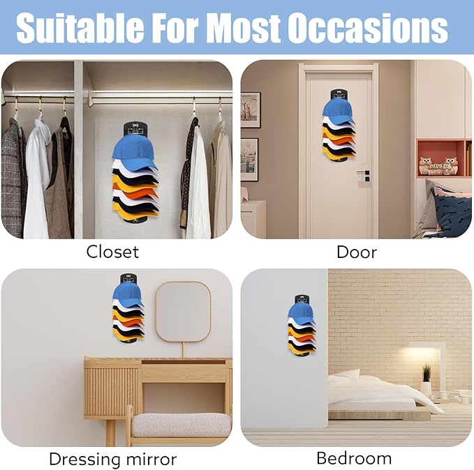 Hat Organizer for Baseball Caps, 2 Pack Hat Rack for Wall Hold up to 20 Hats Adhesive Hat Hooks Stand Hat Hanger Organizer Storage Holder Display for Door Closet Bedroom