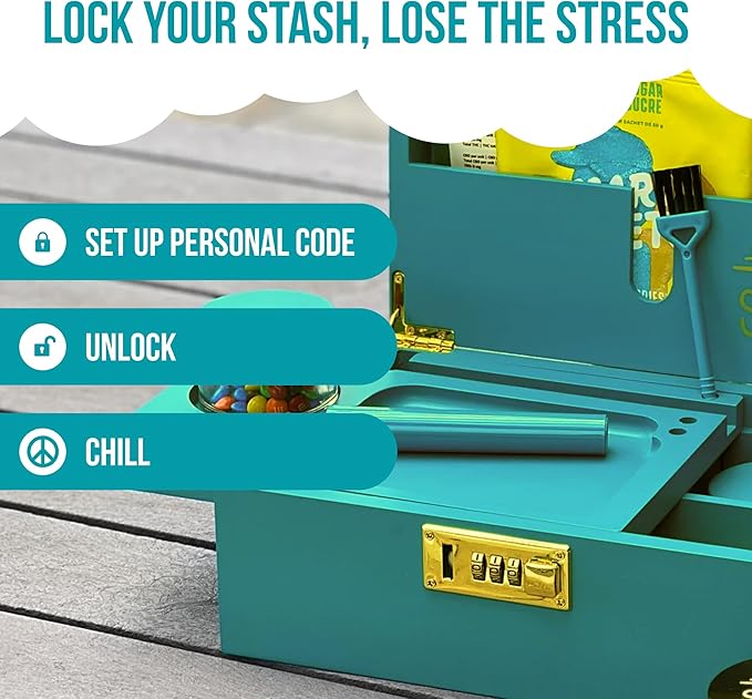 The OG Stash Storage Box - Large Bamboo Box with Combination Lock, Magnetic Lid, Organizer Tray, 3 Jars, Brush and Tube - Decorative Wooden Locked Storage Box with Accessories (Teal/Gold)