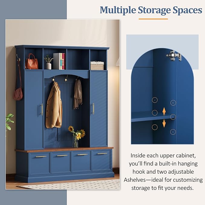Versatile Hall Tree with Golden Hooks and 2 Doors, 5-in-1 Wood Coat Rack Entryway Shoe Cabinet with Bench& Adjustable Shelves, Functional 59'' Wide Hall Tree for Entrance Hallway