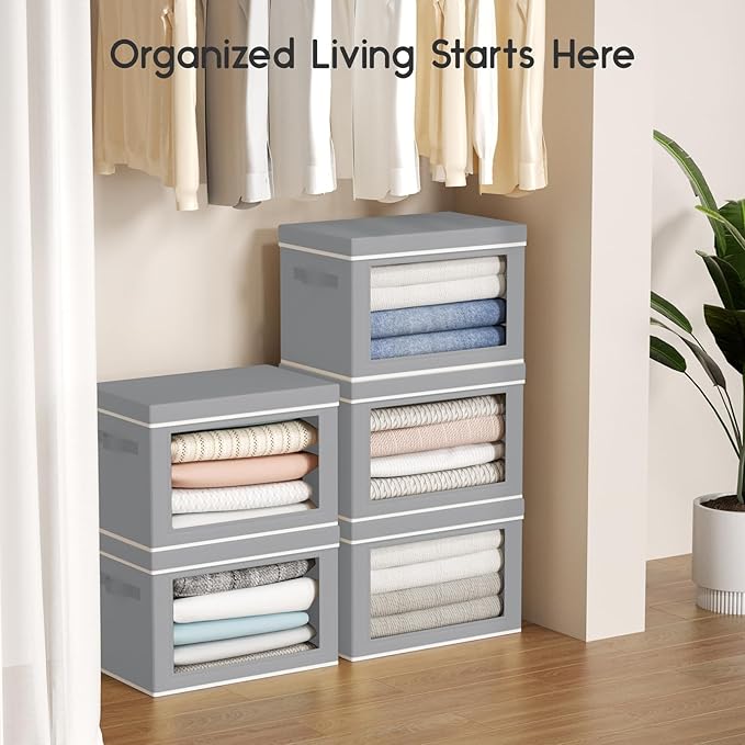 Collapsible Storage Bins with Lids - Stackable Storage Containers with Window, 15.7 Inch Fabric Organizing Bins for Closet, Home & Office Organization Baskets, Grey, 3 Pack