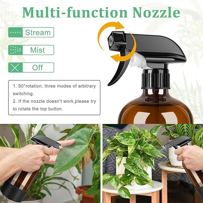 Amber Glass Spray Bottles 3 Pack, 17 oz/500 ml Glass Spray Bottles for Cleaning, Plants, Essential Oils, Hair Care, Refillable Empty Spray Bottle with Adjustable Nozzle for Squirt and Mist