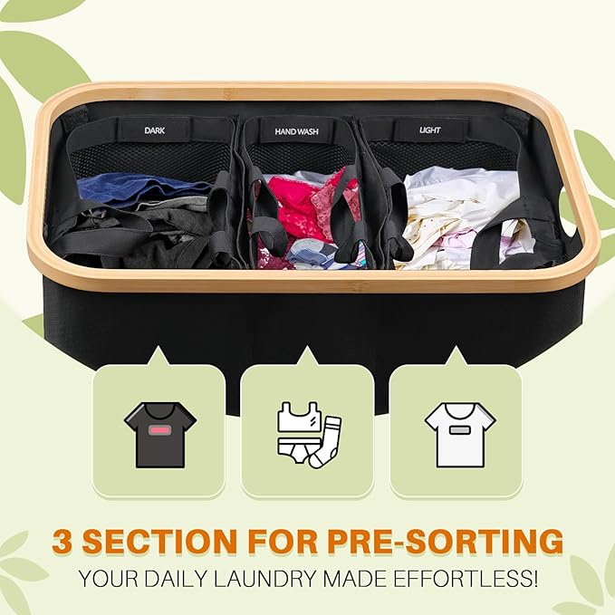Laundry Hamper 3 Section, 145L Dirty Clothes Hamper with Lid, Extra Large Laundry Basket Organizer with Removable Inner Bags & Labels for Laundry Room, Bedroom, Black