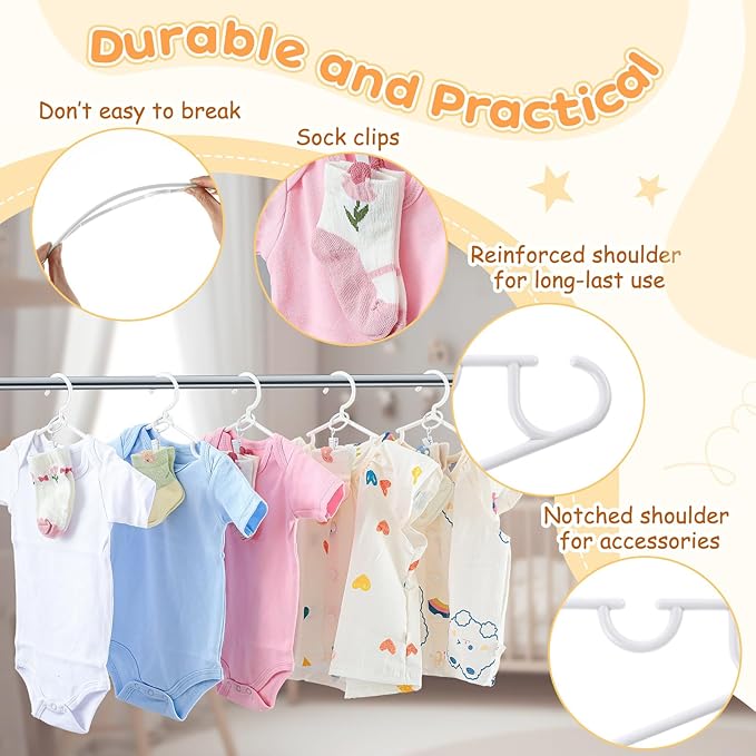 Hsei 30 Packs Nursery Baby Hangers with Ring Clips, Toddler Hangers, Kids Plastic Clothes Hanger for Infant Children Pants Closet Coat Skirts Socks(White)