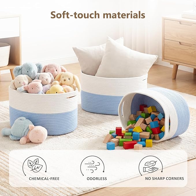 Cotton Rope Storage Basket, 15x10x9 Inches, Woven Basket for Shelves, Clothes, Towels, Books, and Laundry, White Blue (3 Pack)