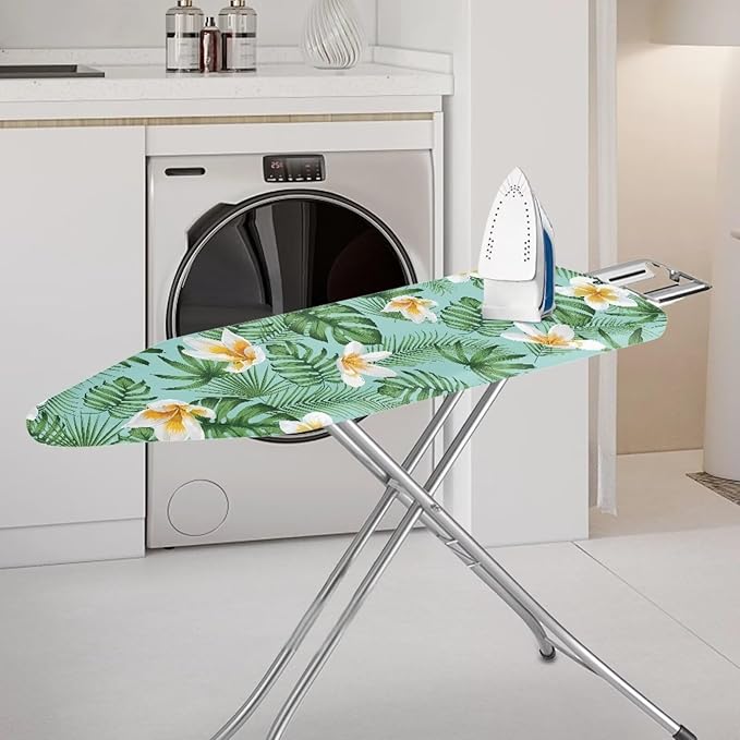 GLENLCWE Hawaiian Plumeria Green Palm Ironing Board Cover for All Standard Ironing Boards, Thick Pad Elastic Band Ironing Board Replacement Washable,15X54inch