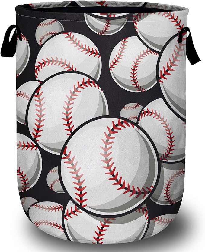 Baseball Softball Laundry Basket, Ball Laundry Hamper Collapsible Oxford Cloth with Handle Clothes Toy Storage Bin for Bathroom Laundry Room Bedroom 15.7 X 20 Inch
