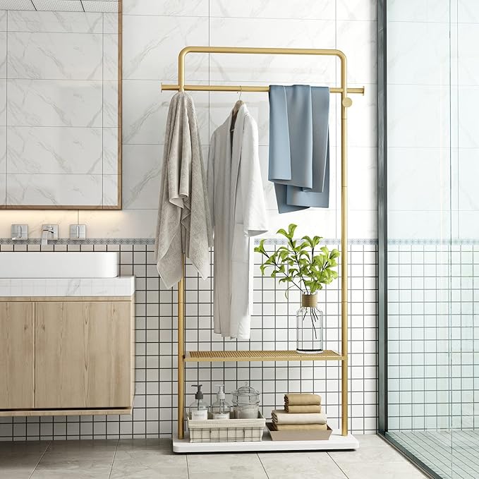 TIEOU Gold Clothing Racks with Shelf, Heavy Duty Gold Clothes Racks for Boutiques, Free-Standing Metal Garment Rack for Hanging Clothes, Modern Coat Rack Entryway