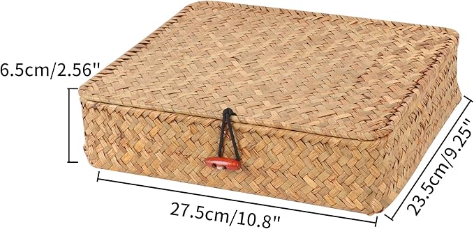 Flat Wicker Shelf Baskets with Lid, Seagrass Woven Basket Boxes for Storage Basket Bins Multipurpose Home Decor Organizer (Natural Small)