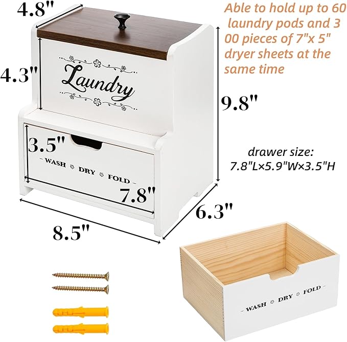 Goaste Dryer Sheet Holder with Drawer, Wood Dryer Sheet Dispenser with Lid, Farmhouse Laundry Pods Container Box, Wall Mount Fabric Softener Organizer for Laundry Room Storage and Organization