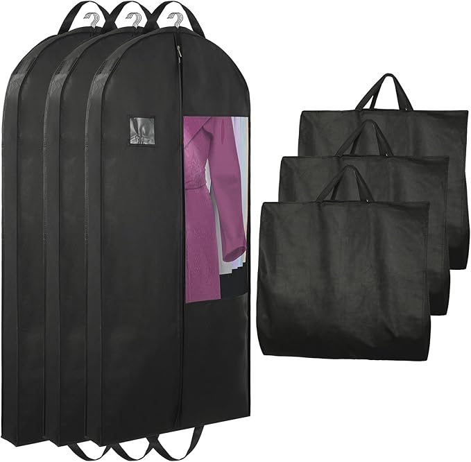 Garment Bags for Hanging Clothes and Travel with 4" Gusseted, Suit Cover for Clothes,Coats,Suit,Jackets,Dress,Shirts,Skirt. (Black-50"-3pcs-Double zipper-Thickened 80G Non-woven Fabric)