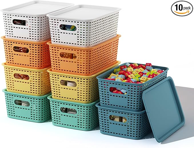 Plastic Storage Basket with Lids 10 Pack Stackable Colorful Storage Bins Containers with Lid, Decorative Storage Boxes for Organizing Shelves, Drawers, Playroom, Classroom, Office, Closet
