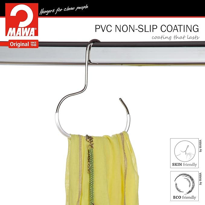 Mawa Scarf, Shawl, Belt, and Accessory Organizer, Non-Toxic Metal Hanger with Grip Coating, Easy Access Open Hook, Model G-1 Space Saving Design, Set of 2, White